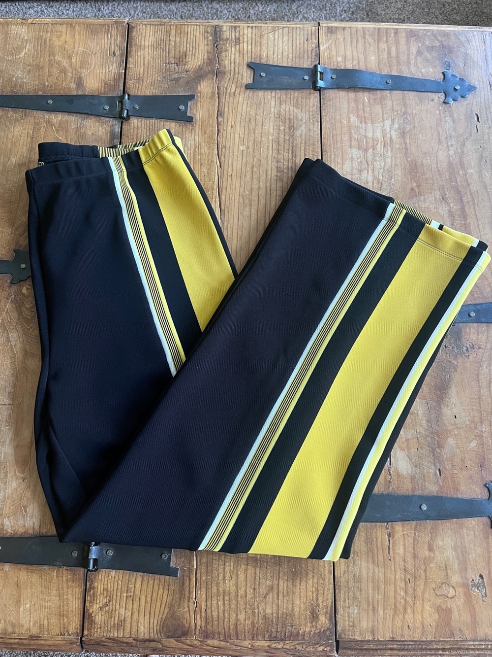 Marc Bouwer Black Stretch Pants with Yellow and White Racing‎ Stripes